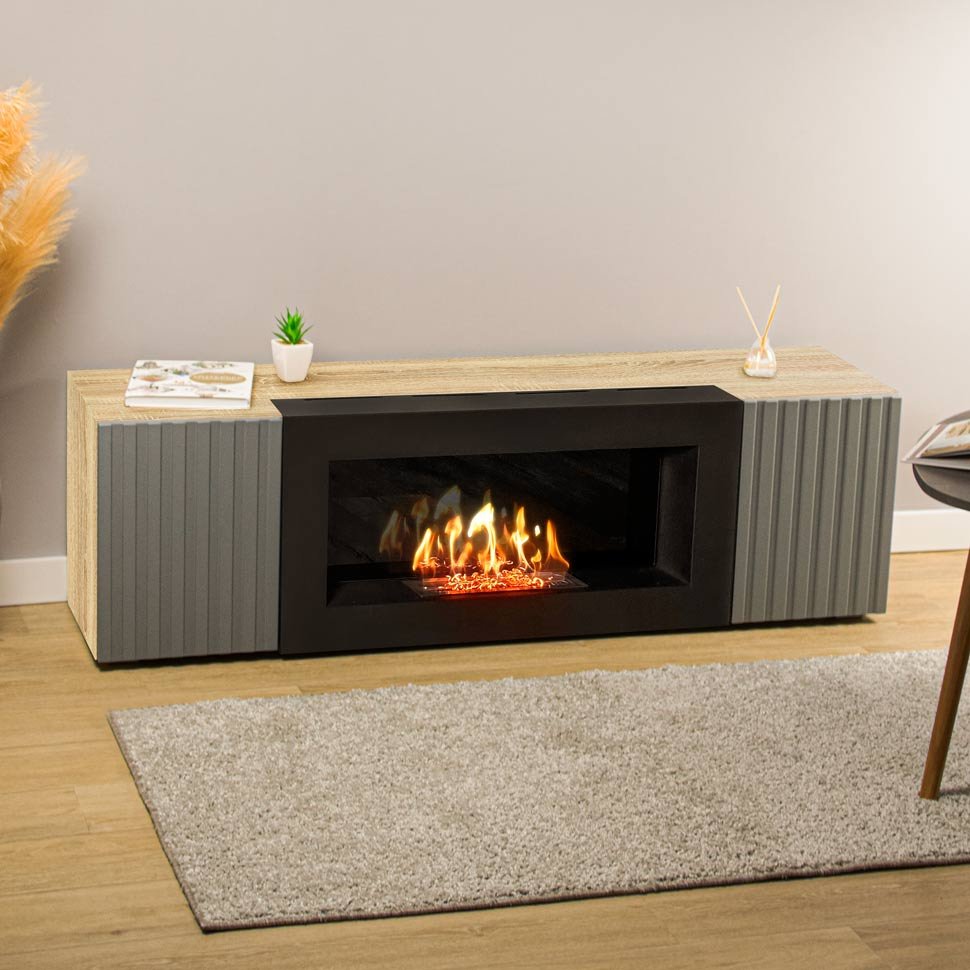 Тумба под ТВ с биокамином SteelHeat IMOLA IMPULSE 140 см (корпус дуб Сонома / фасады Гротто гранит)