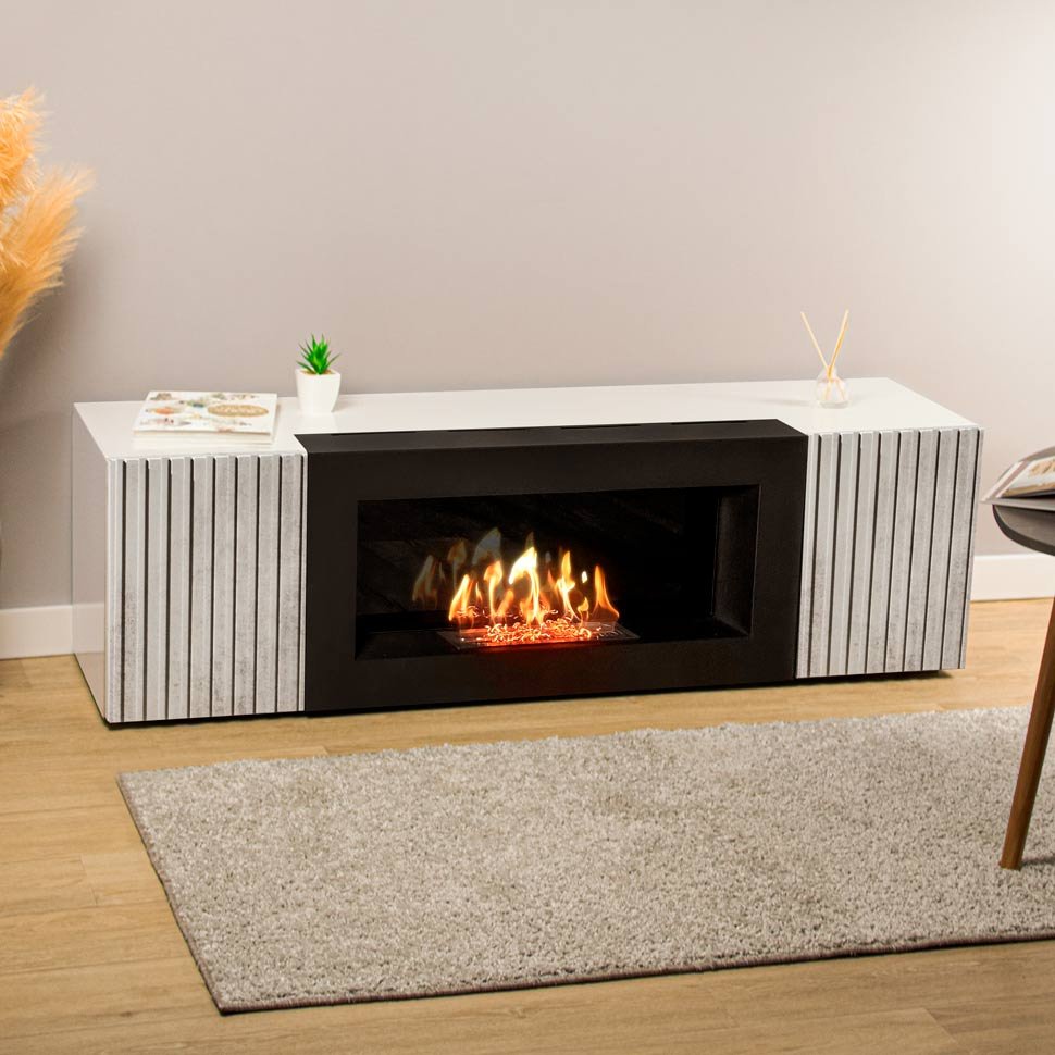 Тумба под ТВ с биокамином SteelHeat IMOLA IMPULSE 140 см (корпус белый / фасады серый бетон)